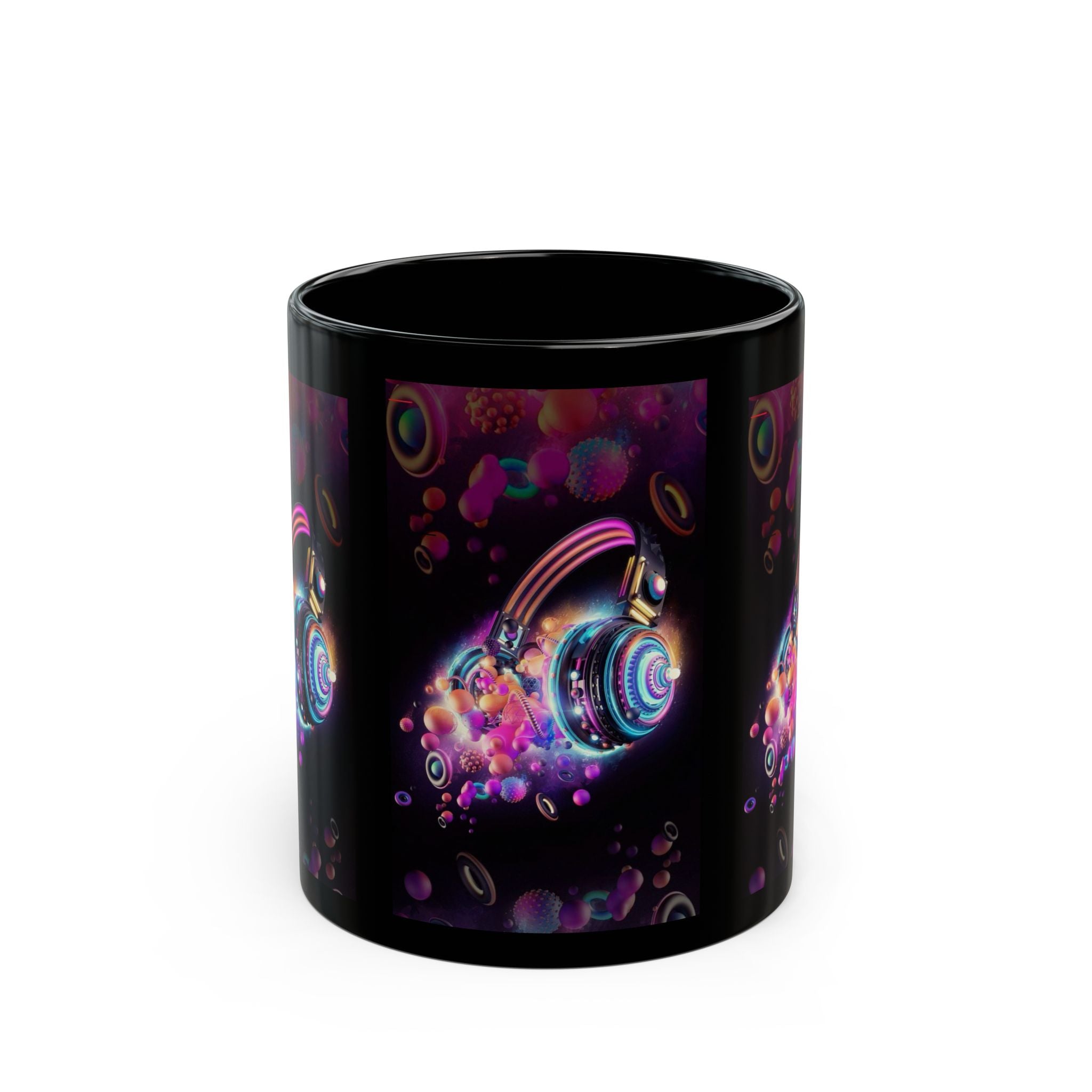 Neon Headphones Bubble Art Mug | Black Ceramic Mug