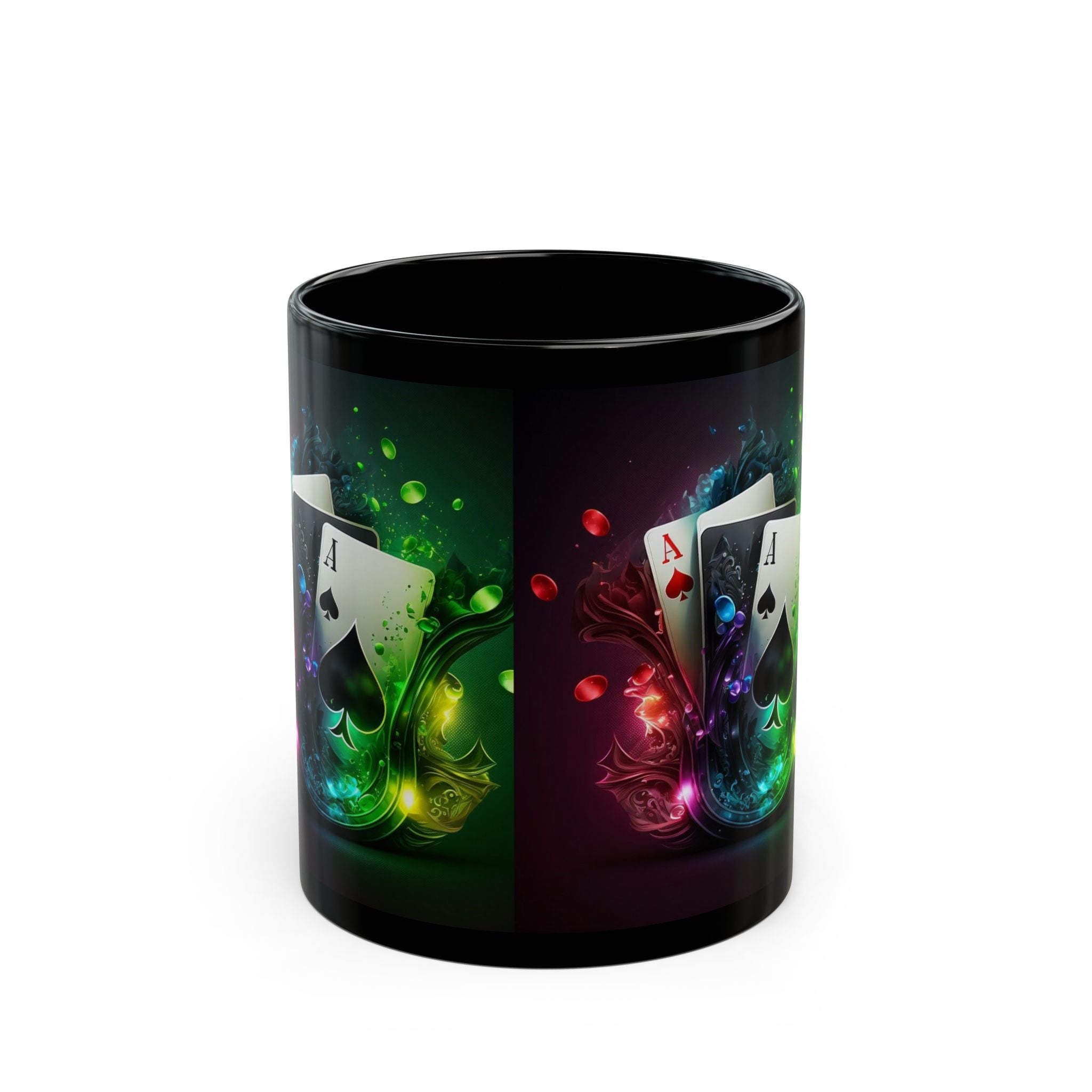 Neon Playing Cards Mug | Black Ceramic Poker Ace Coffee Cup