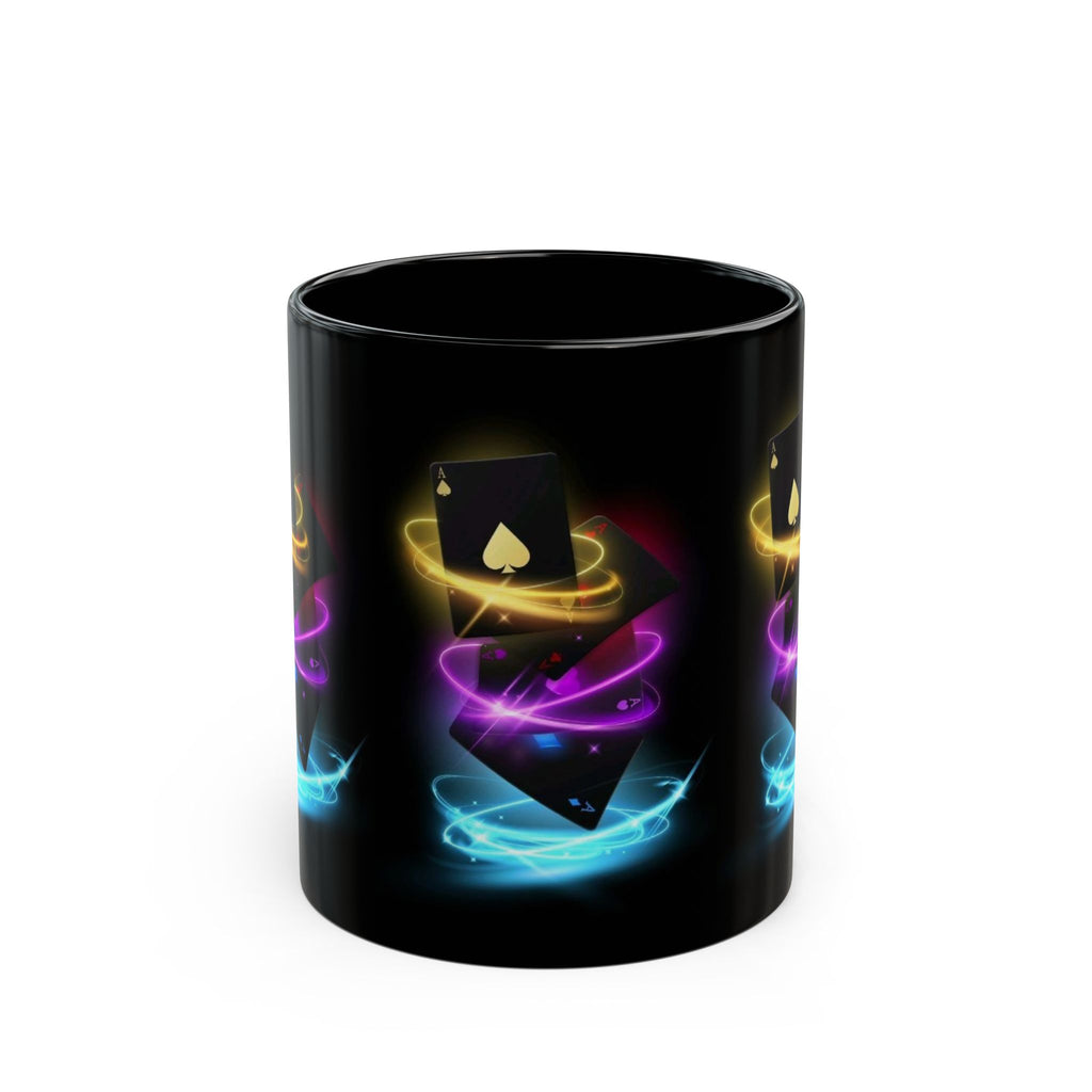 Neon Floating Ace Cards Mug | Black Ceramic Coffee Cup