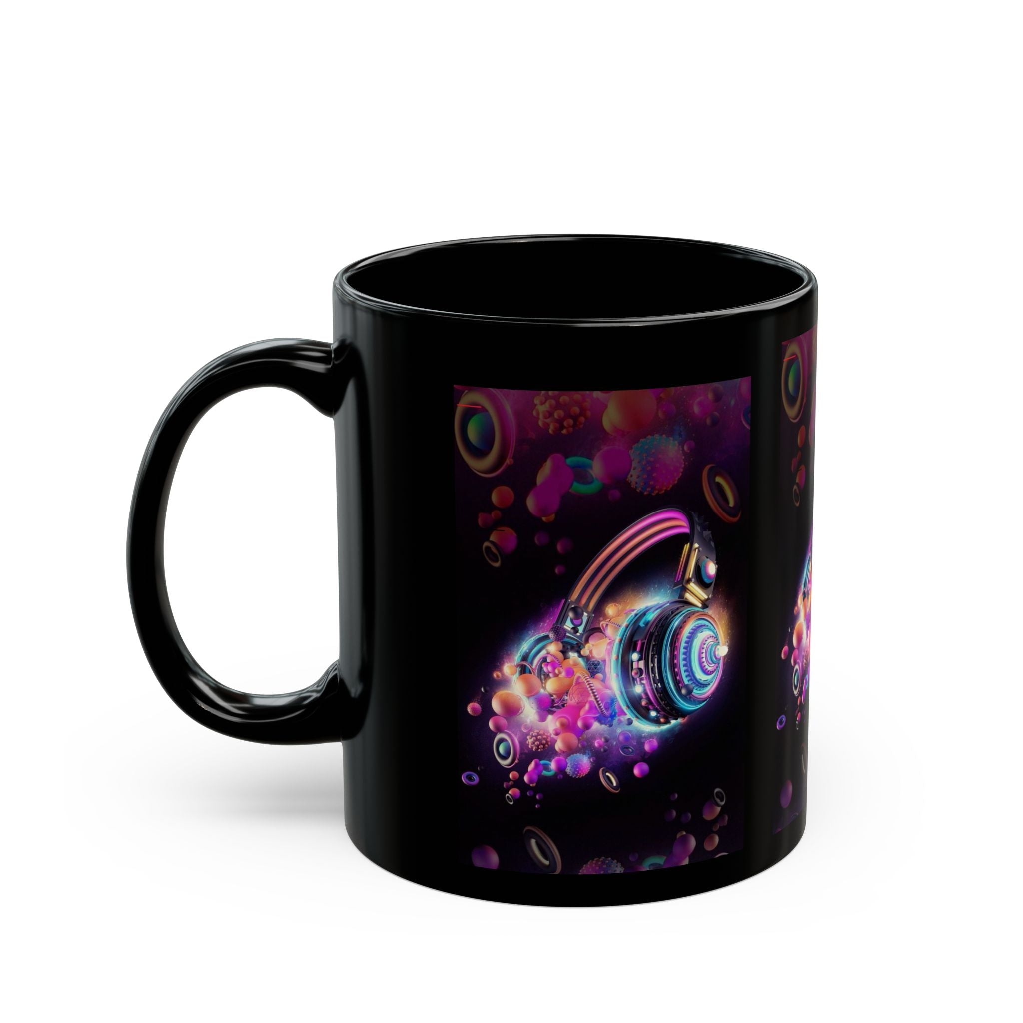 Neon Headphones Bubble Art Mug | Black Ceramic Mug