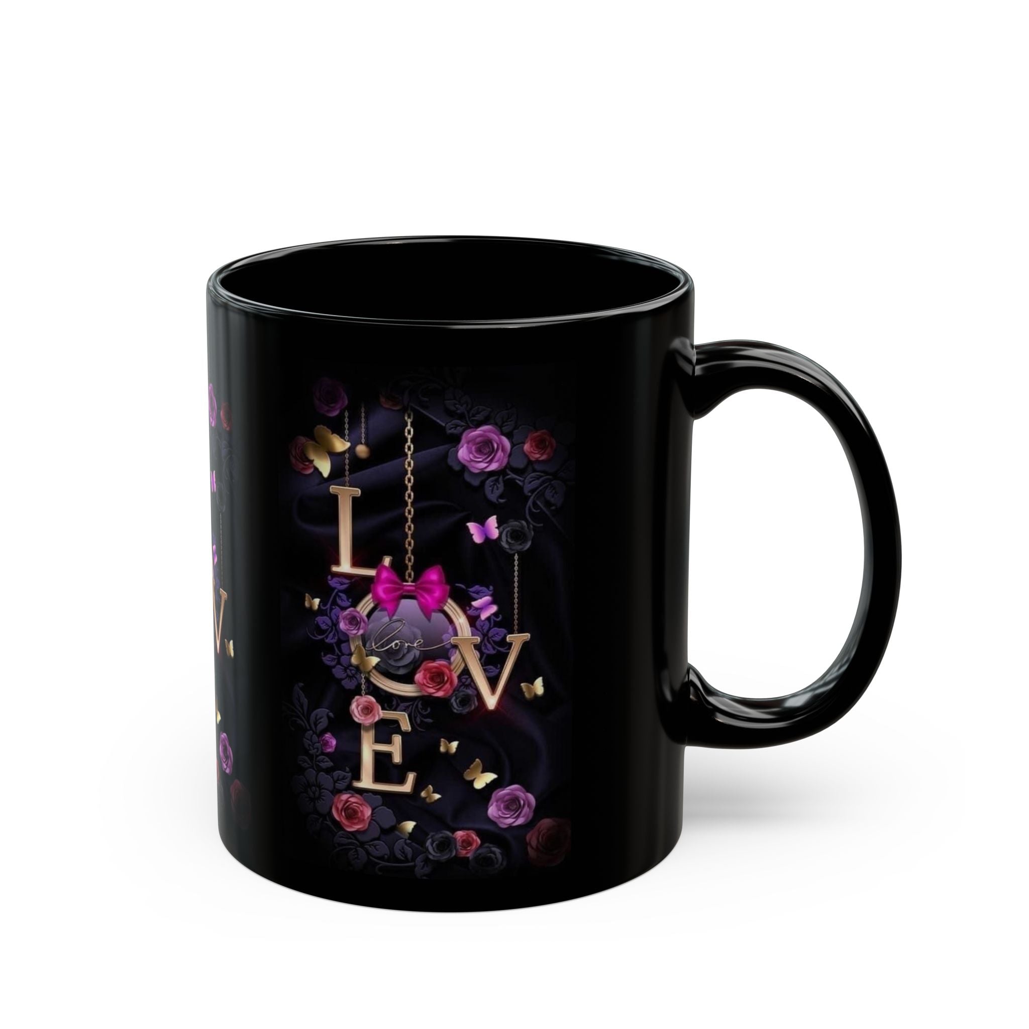 Floral LOVE Typography Mug | Black Ceramic Coffee Cup