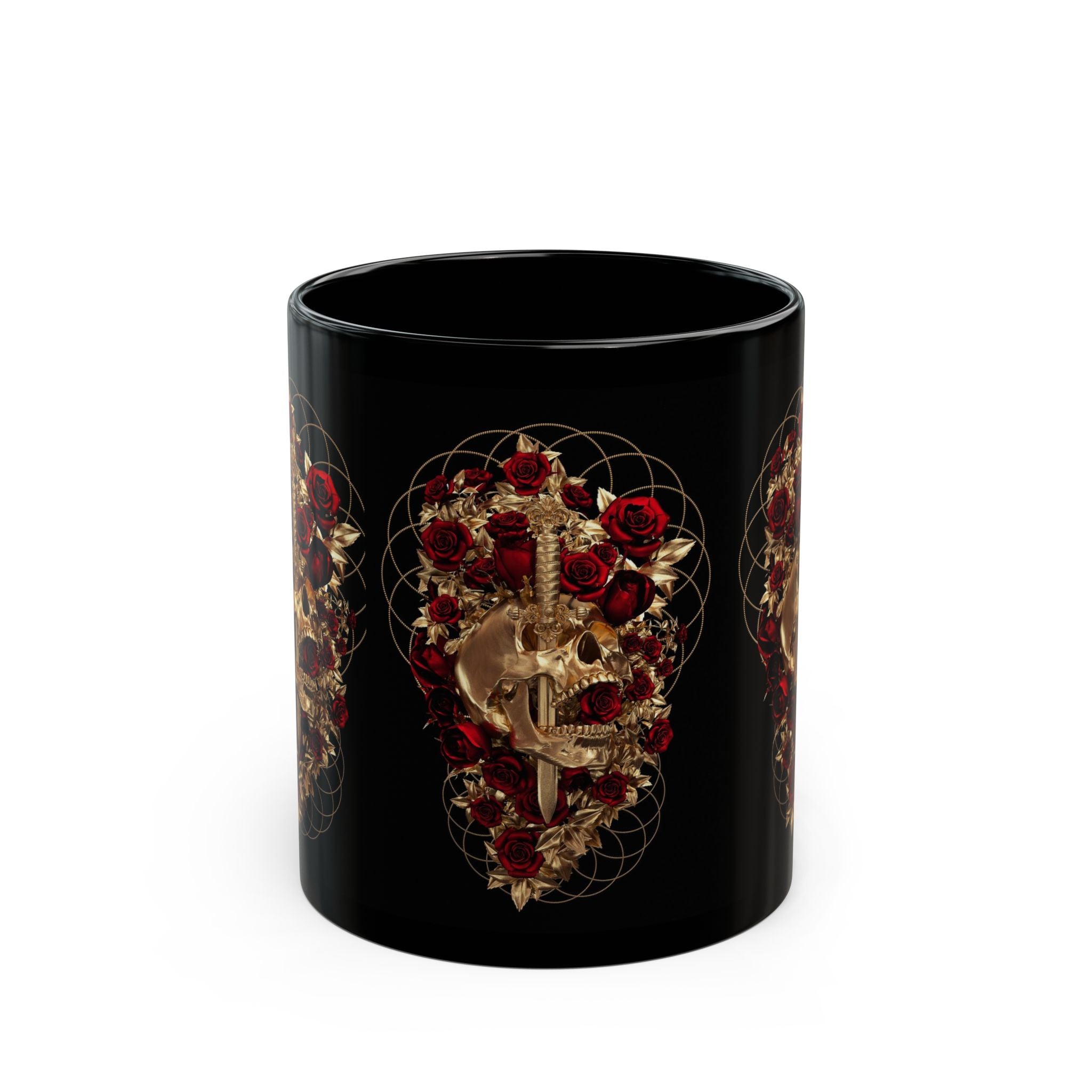 Gothic Skull & Roses Black Mug — Dark Floral Coffee Cup (11oz/15oz)