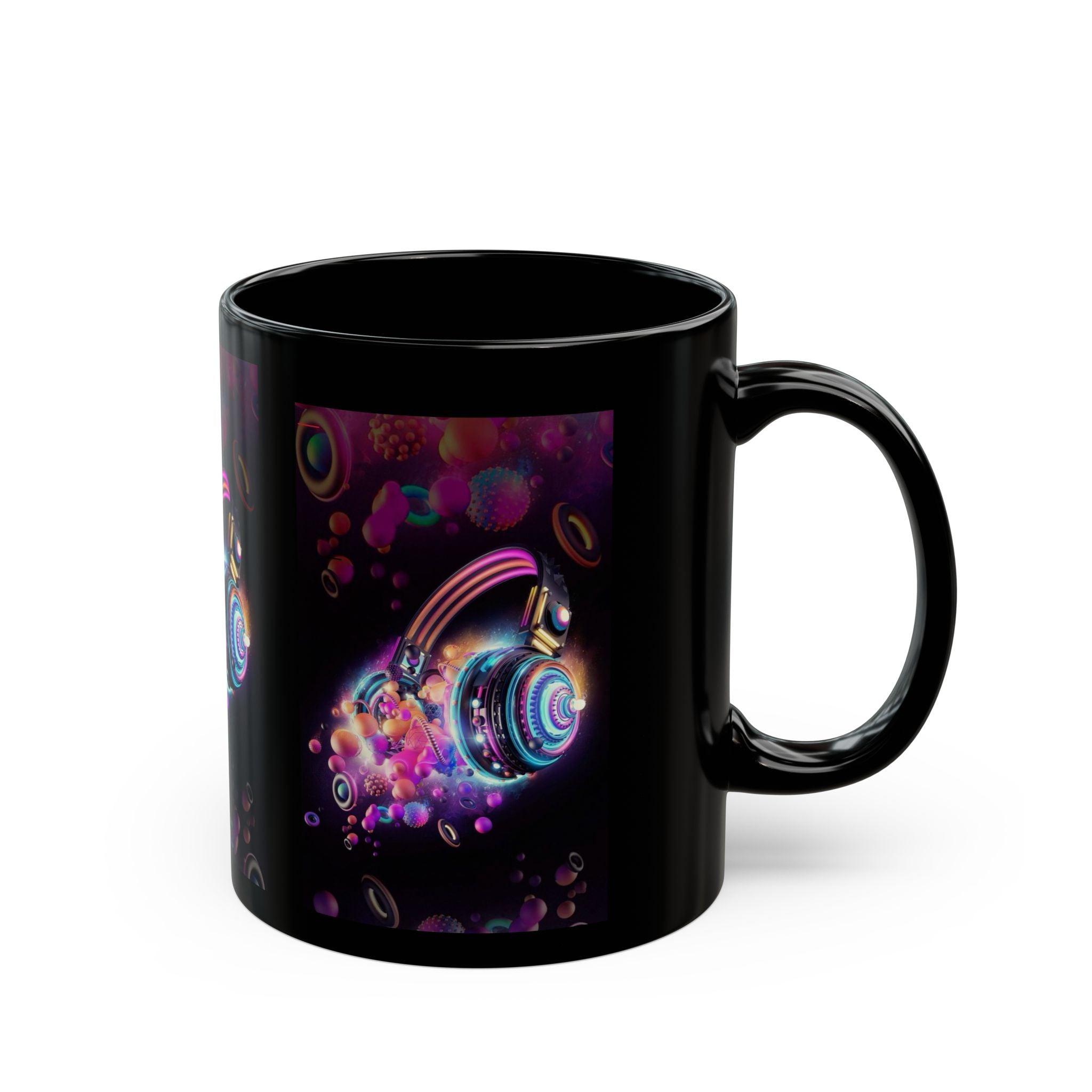 Neon Headphones Bubble Art Mug | Black Ceramic Mug