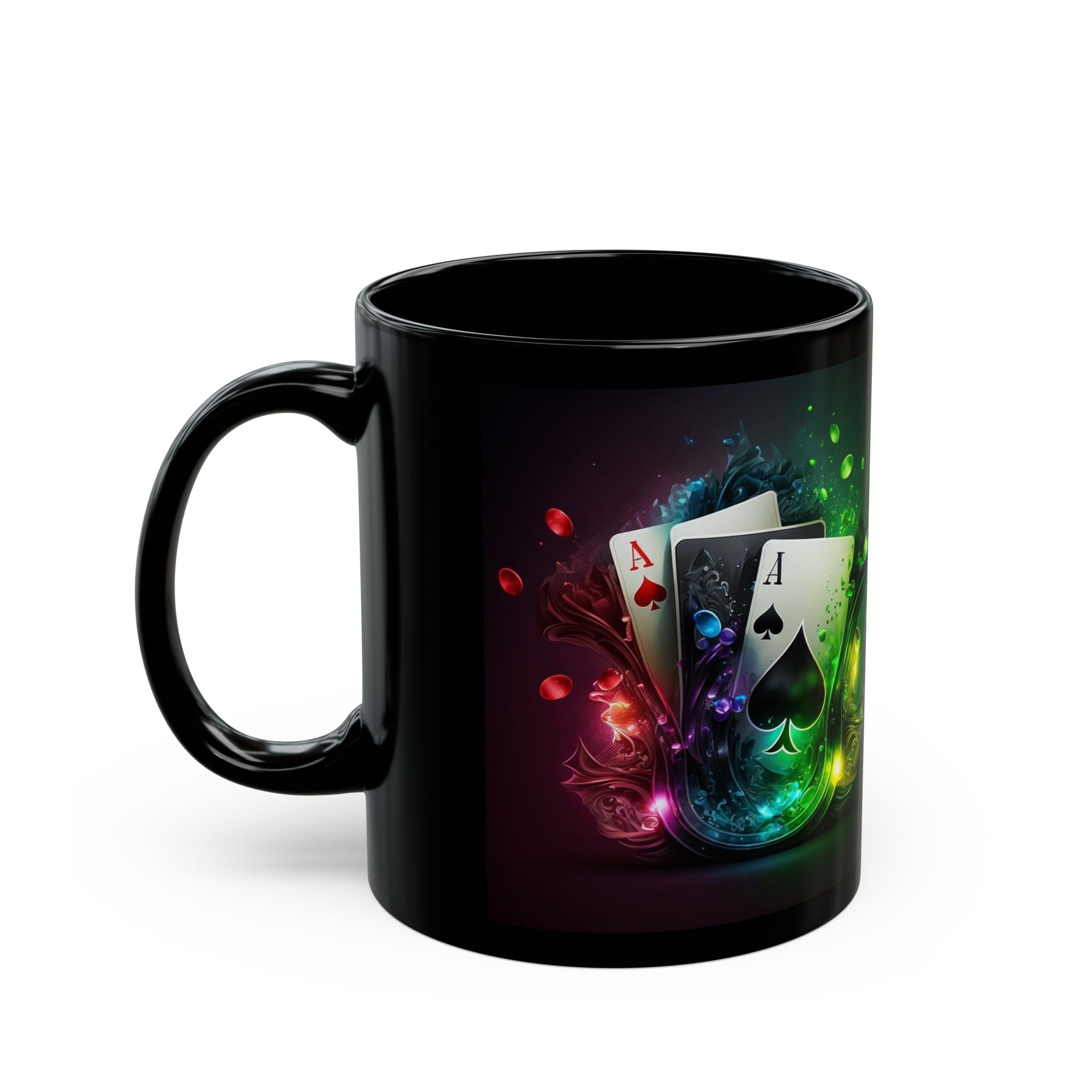 Neon Playing Cards Mug | Black Ceramic Poker Ace Coffee Cup