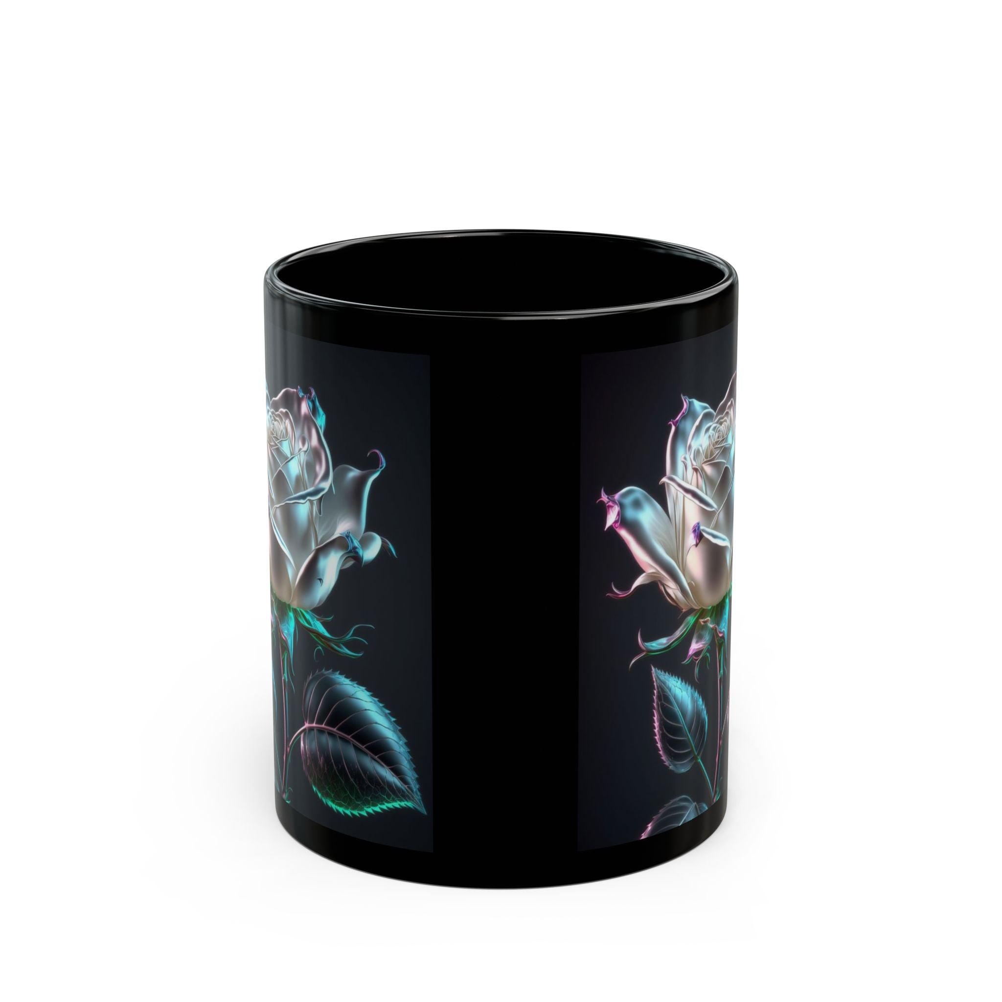 Neon Holographic Rose Mug | Black Ceramic Coffee Cup