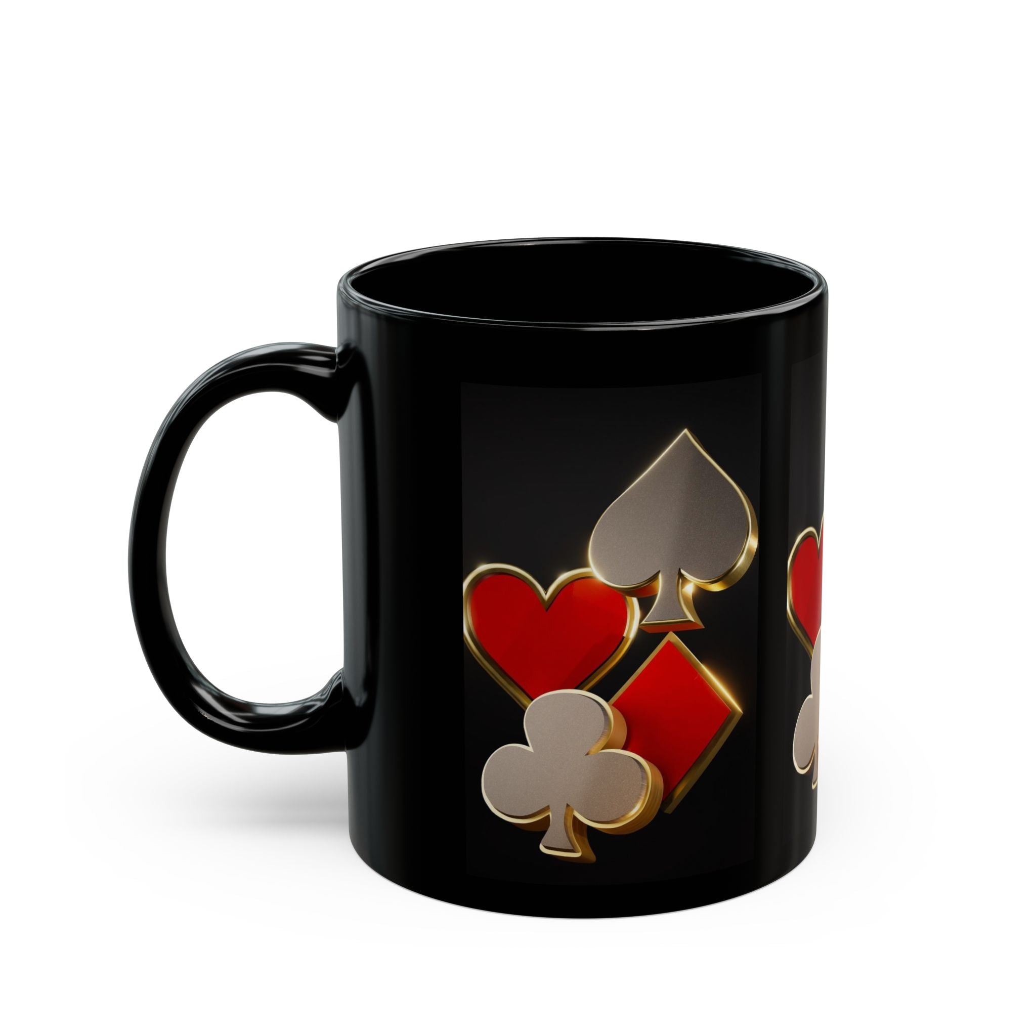 Gold Trim Playing Card Suits Mug | Black Ceramic Coffee Cup
