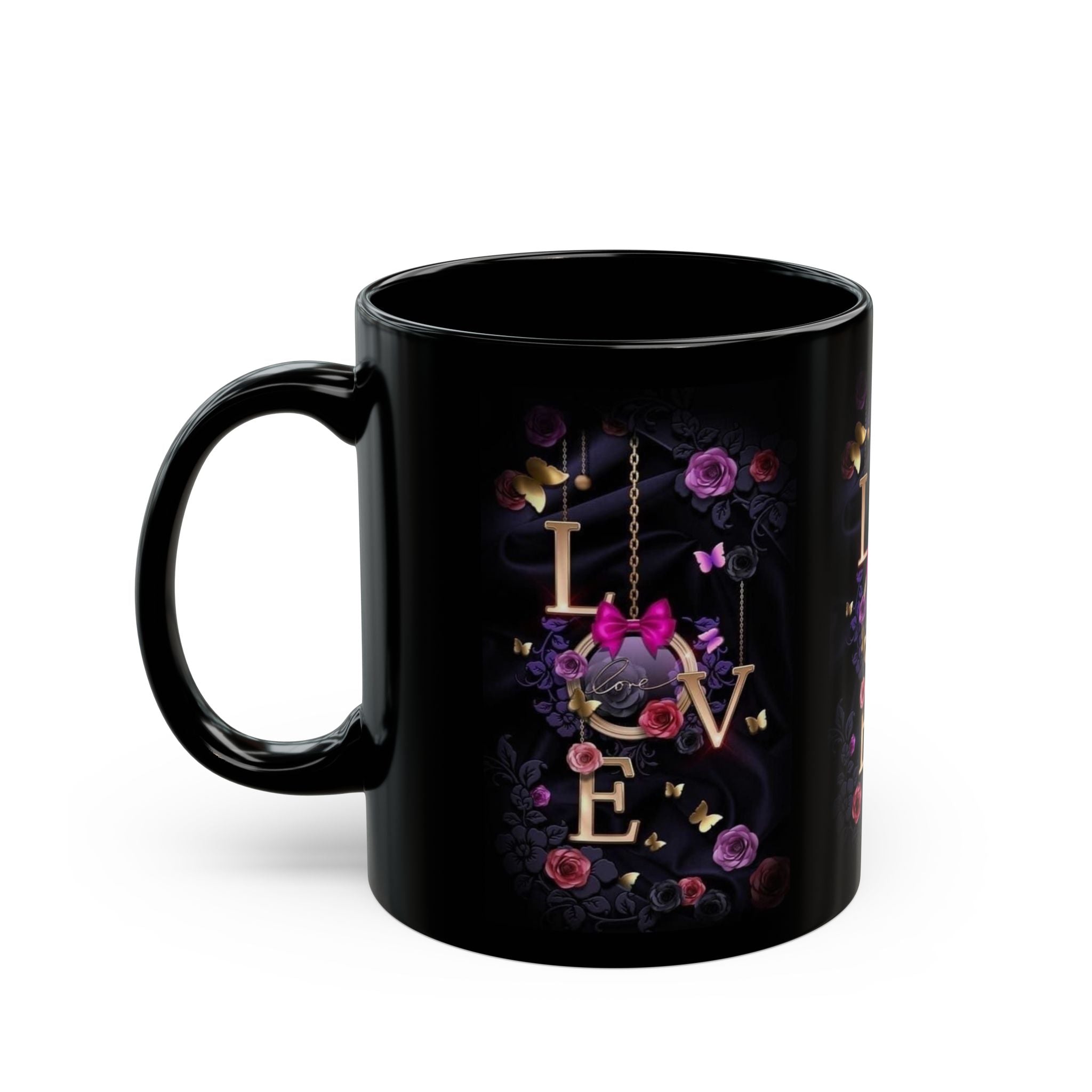 Floral LOVE Typography Mug | Black Ceramic Coffee Cup