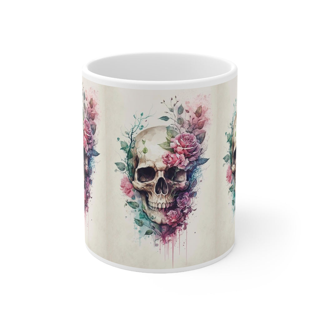 Floral Skull Ceramic Mug — 11oz & 15oz Artistic Coffee Cup