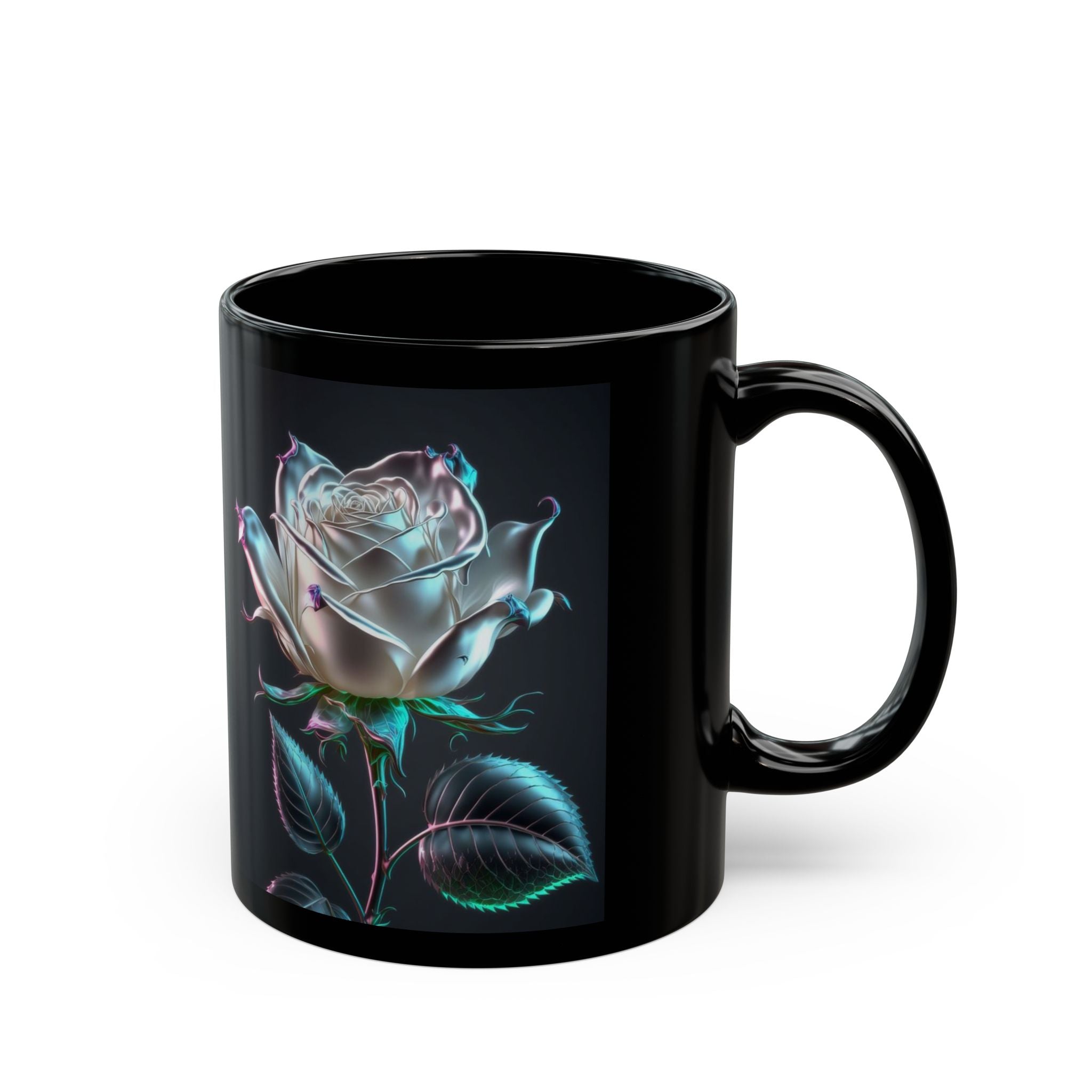 Neon Holographic Rose Mug | Black Ceramic Coffee Cup
