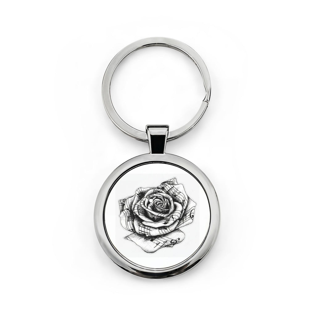 Round Stainless Steel Keychain — Black & White Rose Sketch Keyring, Floral Gift for Her