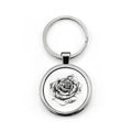 Round Stainless Steel Keychain — Black & White Rose Sketch Keyring, Floral Gift for Her