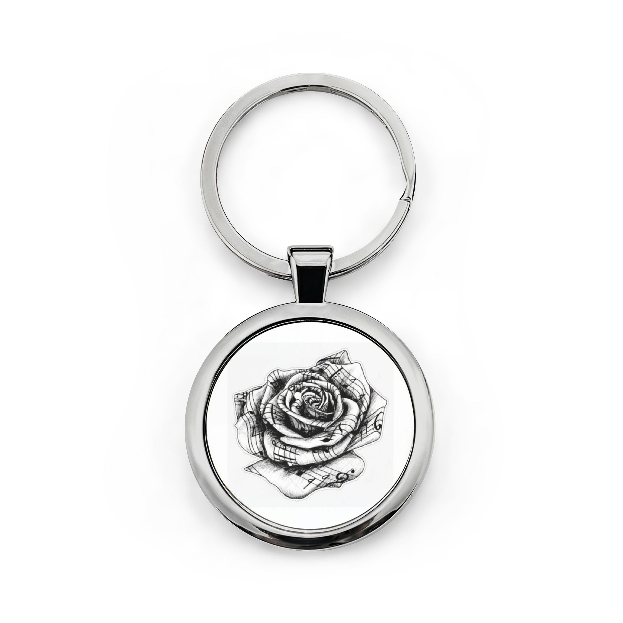Round Stainless Steel Keychain — Black & White Rose Sketch Keyring, Floral Gift for Her