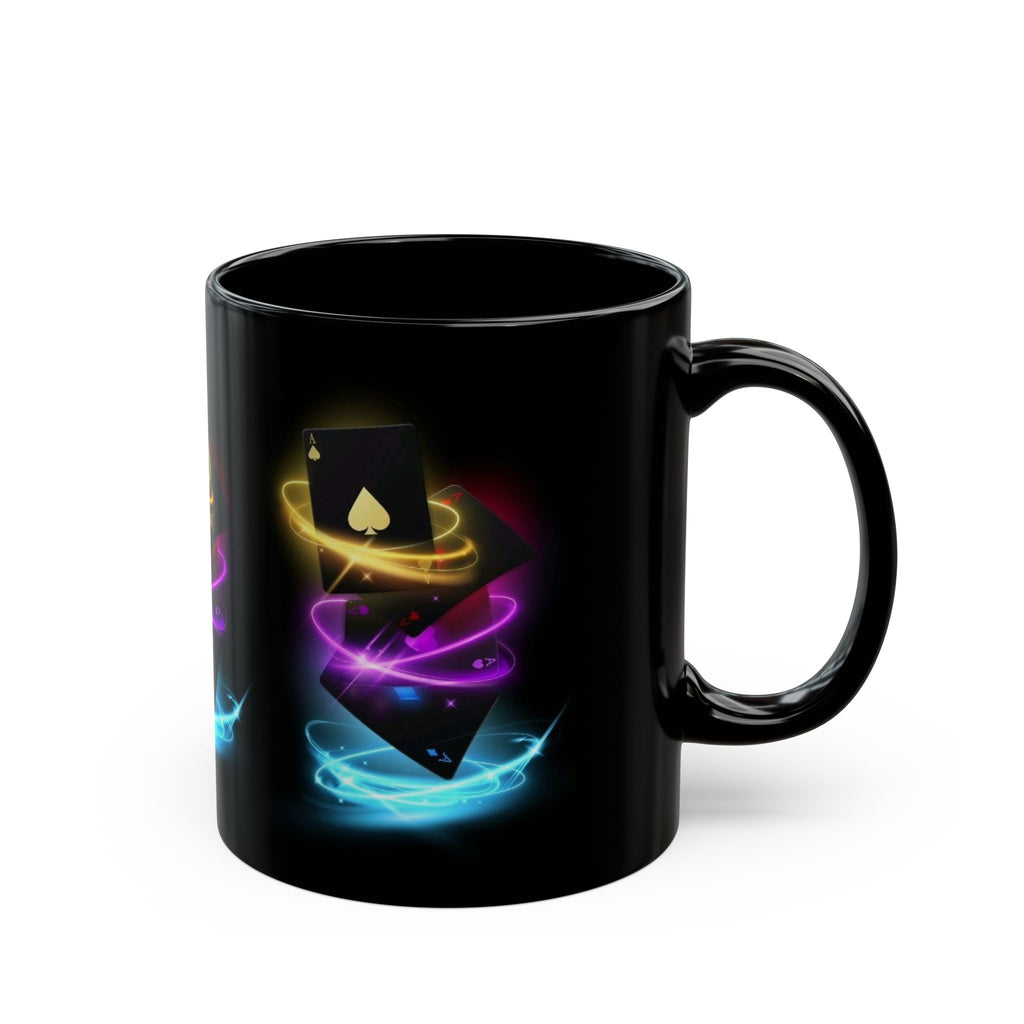 Neon Floating Ace Cards Mug | Black Ceramic Coffee Cup