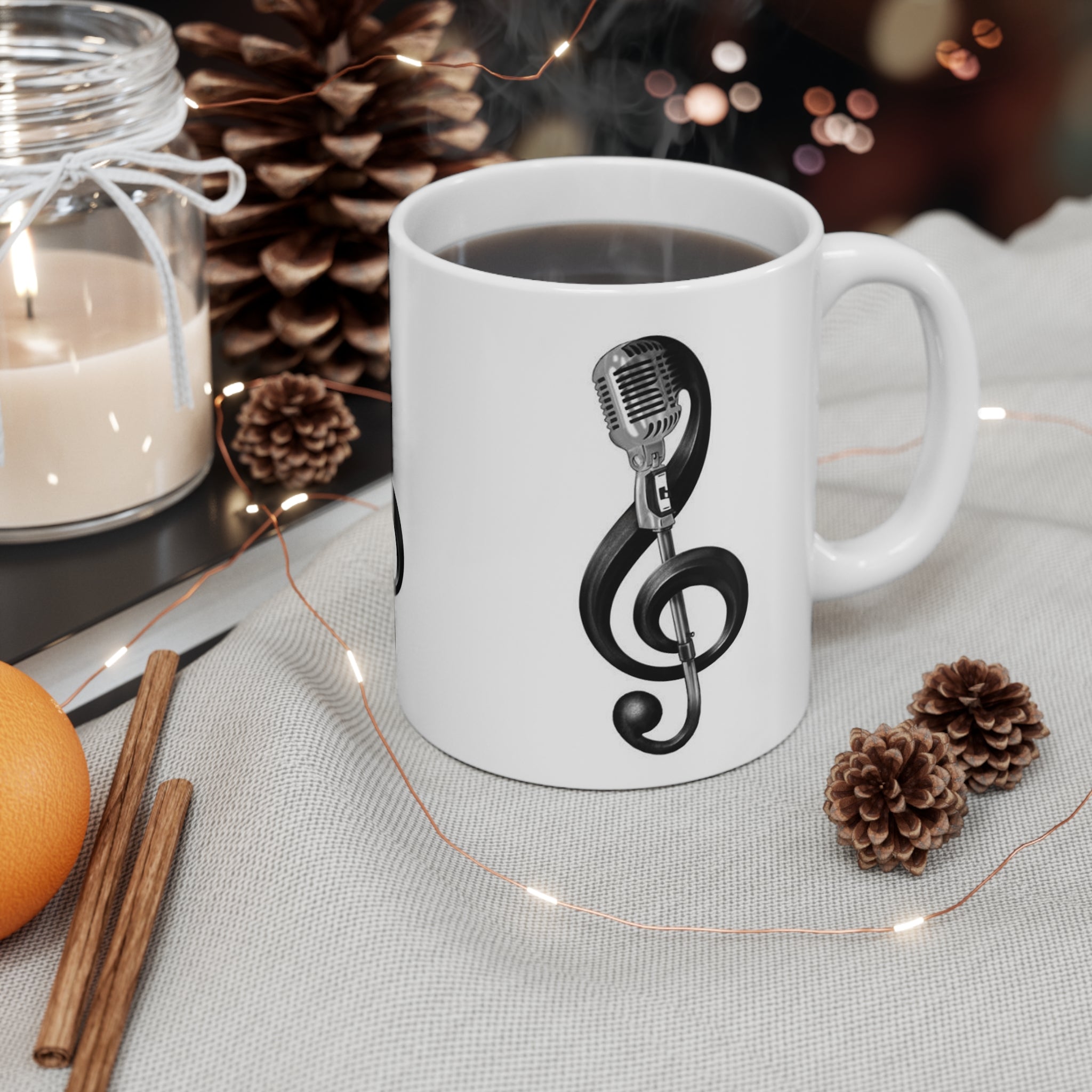 Music Lover Ceramic Mug — Microphone Treble Clef Coffee Cup (11oz & 15oz)