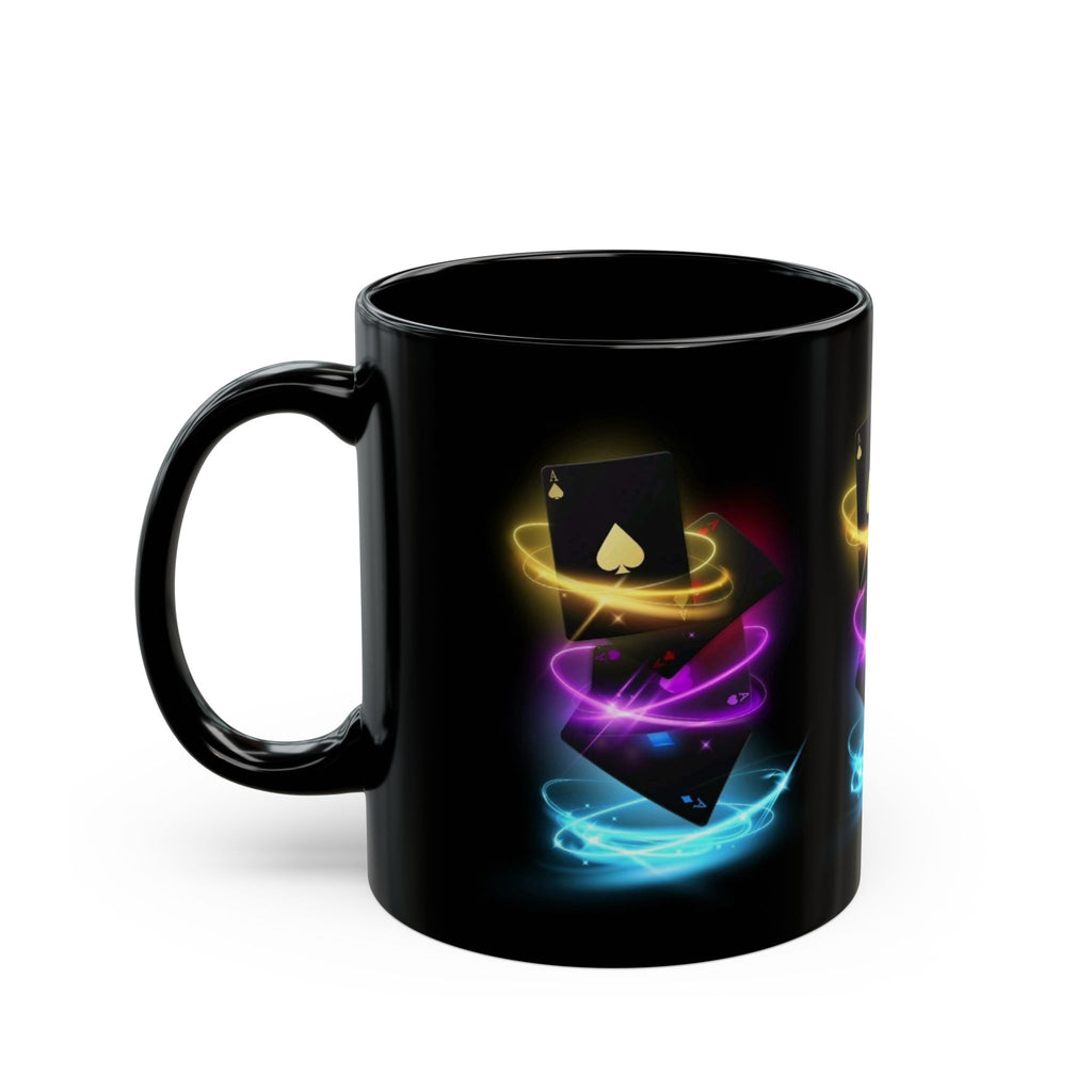 Neon Floating Ace Cards Mug | Black Ceramic Coffee Cup