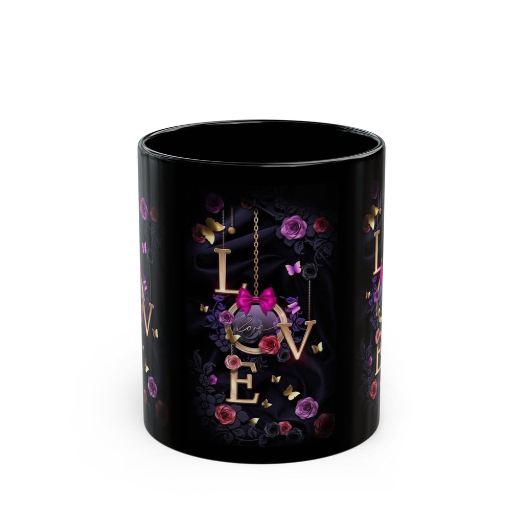 Floral LOVE Typography Mug | Black Ceramic Coffee Cup