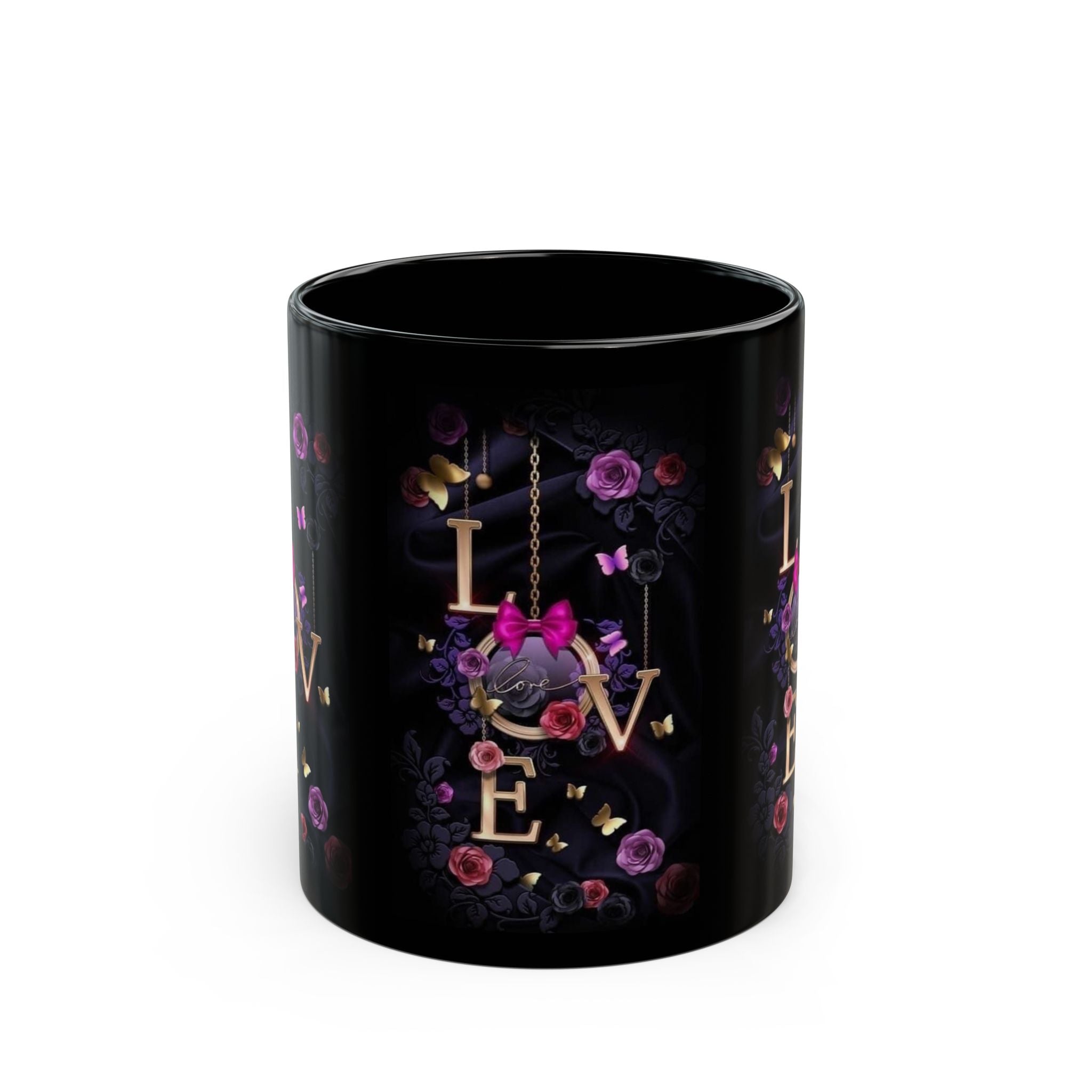 Floral LOVE Typography Mug | Black Ceramic Coffee Cup