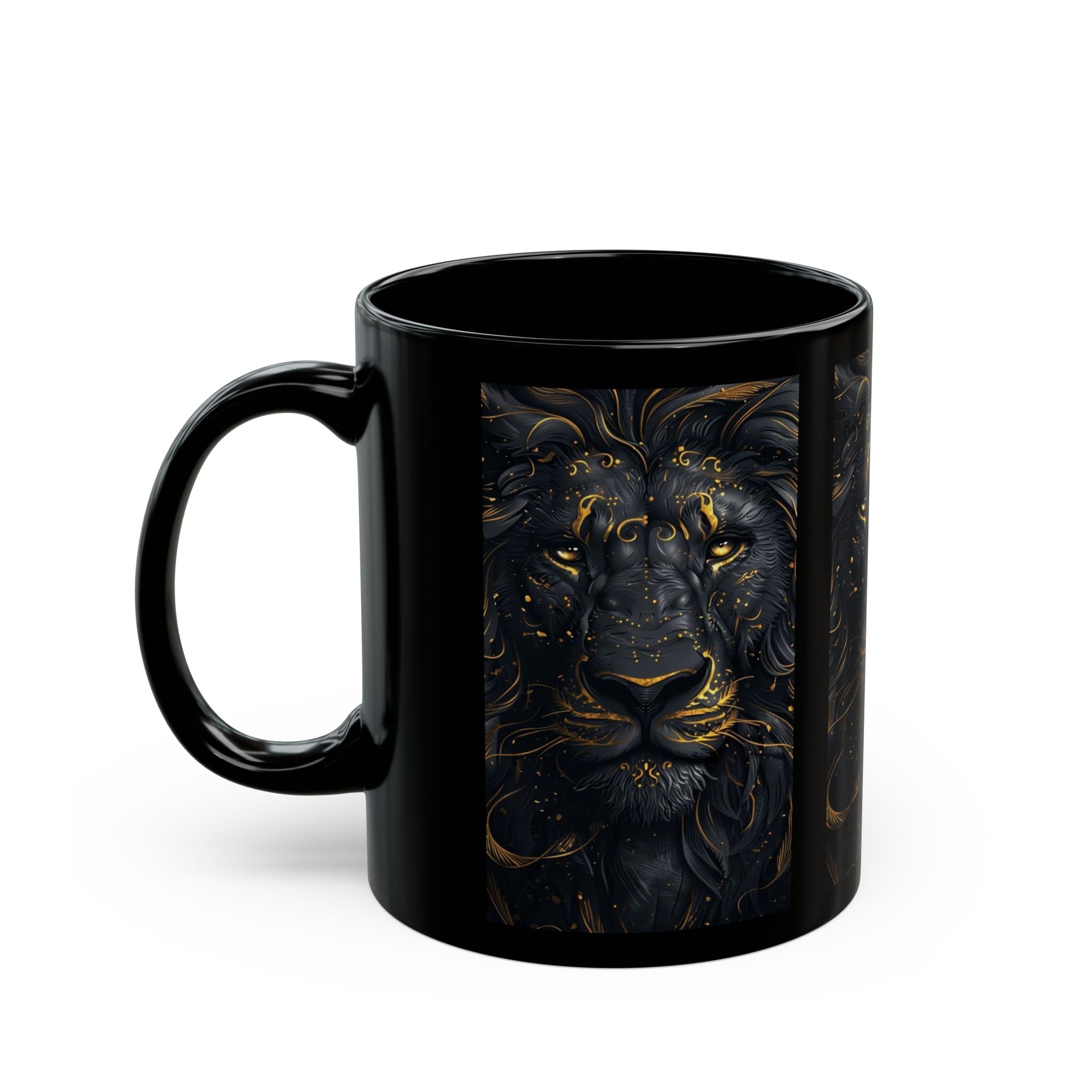 Golden Eyes Lion artwork Mug | Black ceramic coffee cup