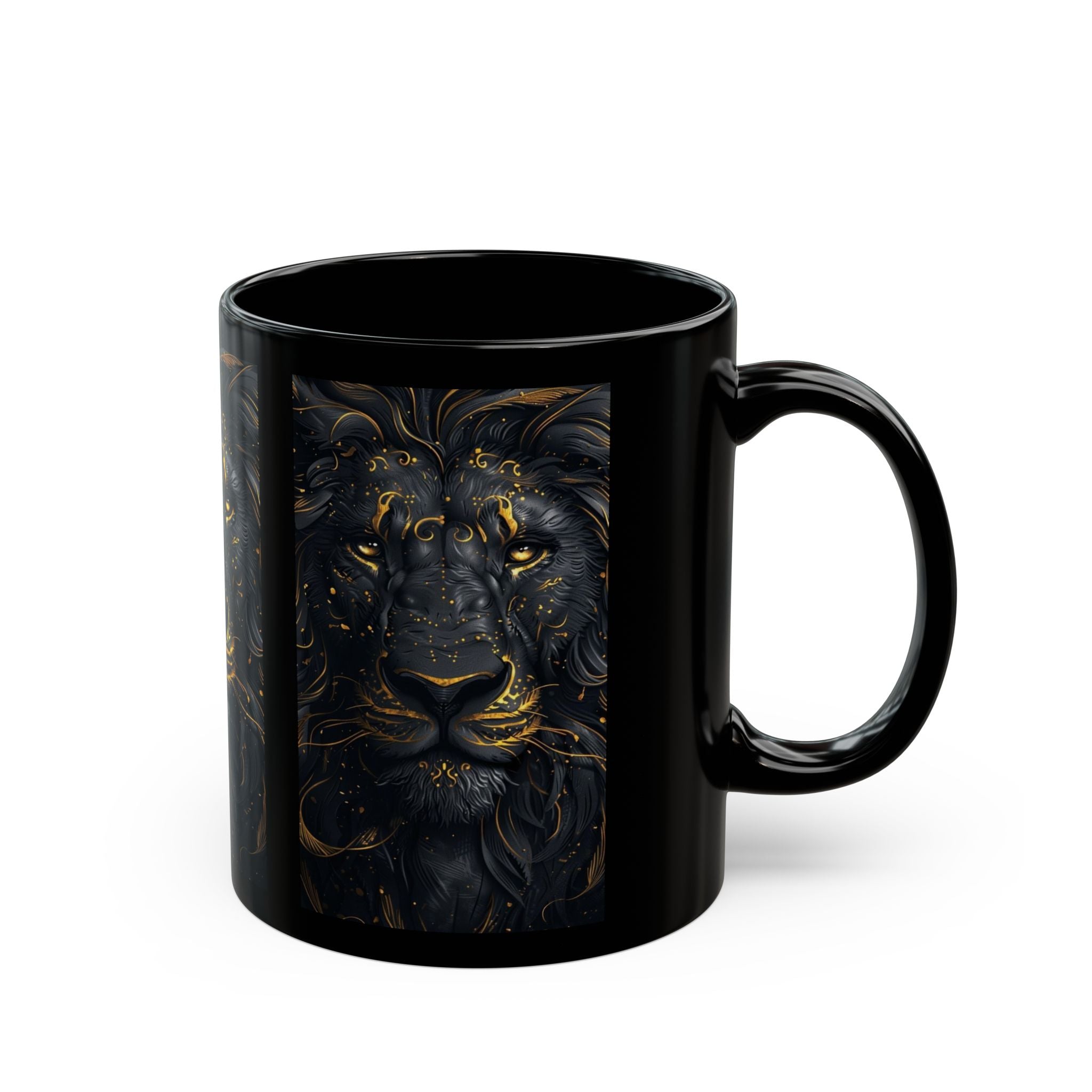 Golden Eyes Lion artwork Mug | Black ceramic coffee cup