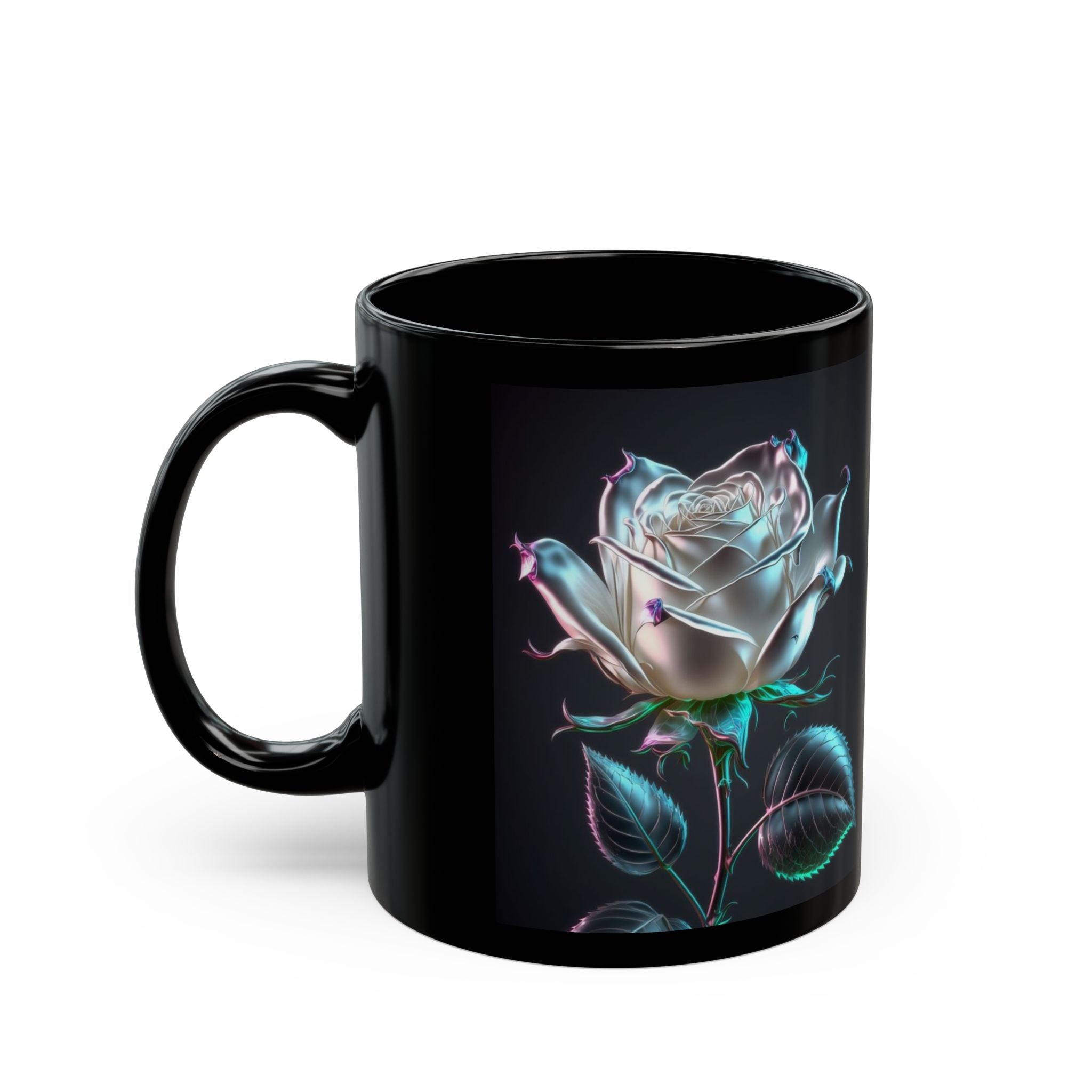 Neon Holographic Rose Mug | Black Ceramic Coffee Cup